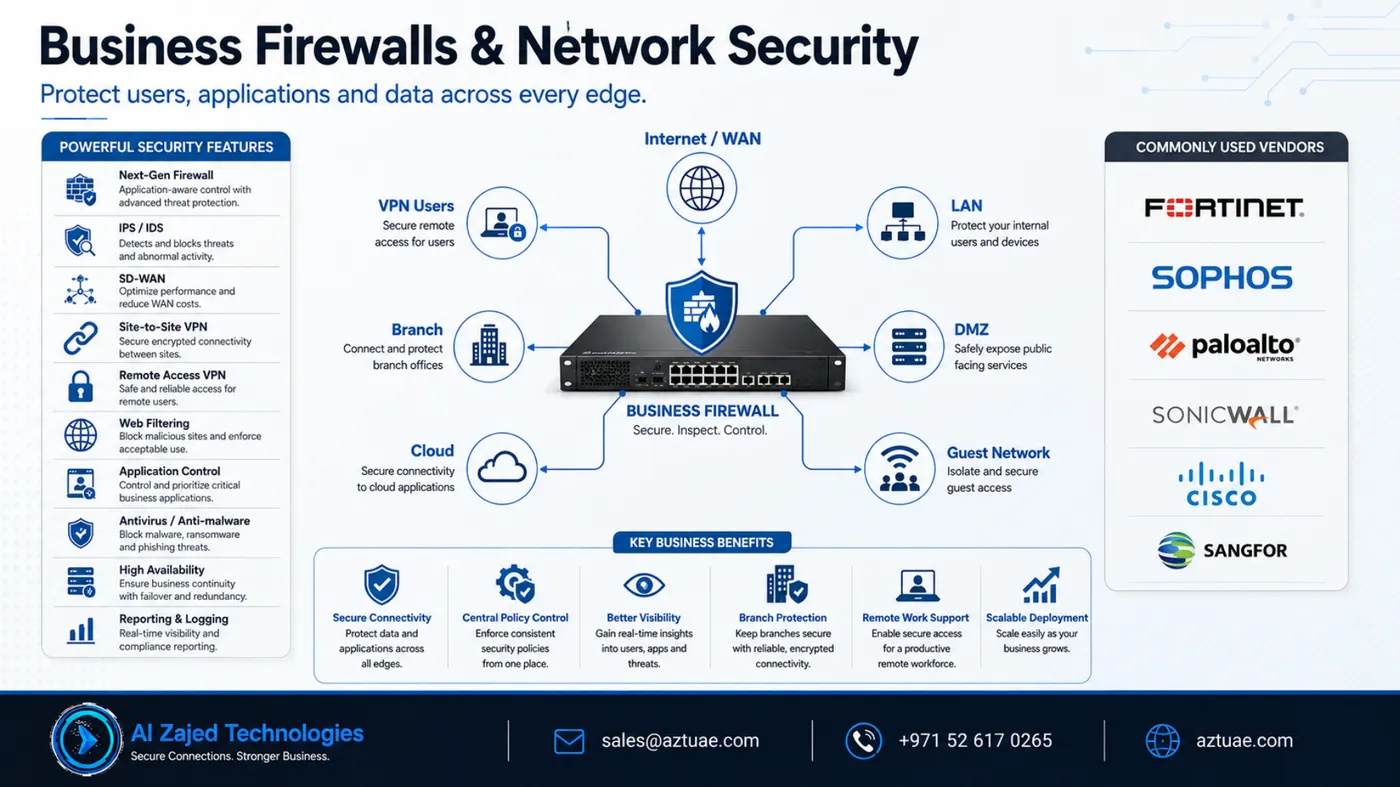 Business firewall and network security architecture: VPN users, DMZ, LAN protection, branch connectivity, cloud and guest network zones