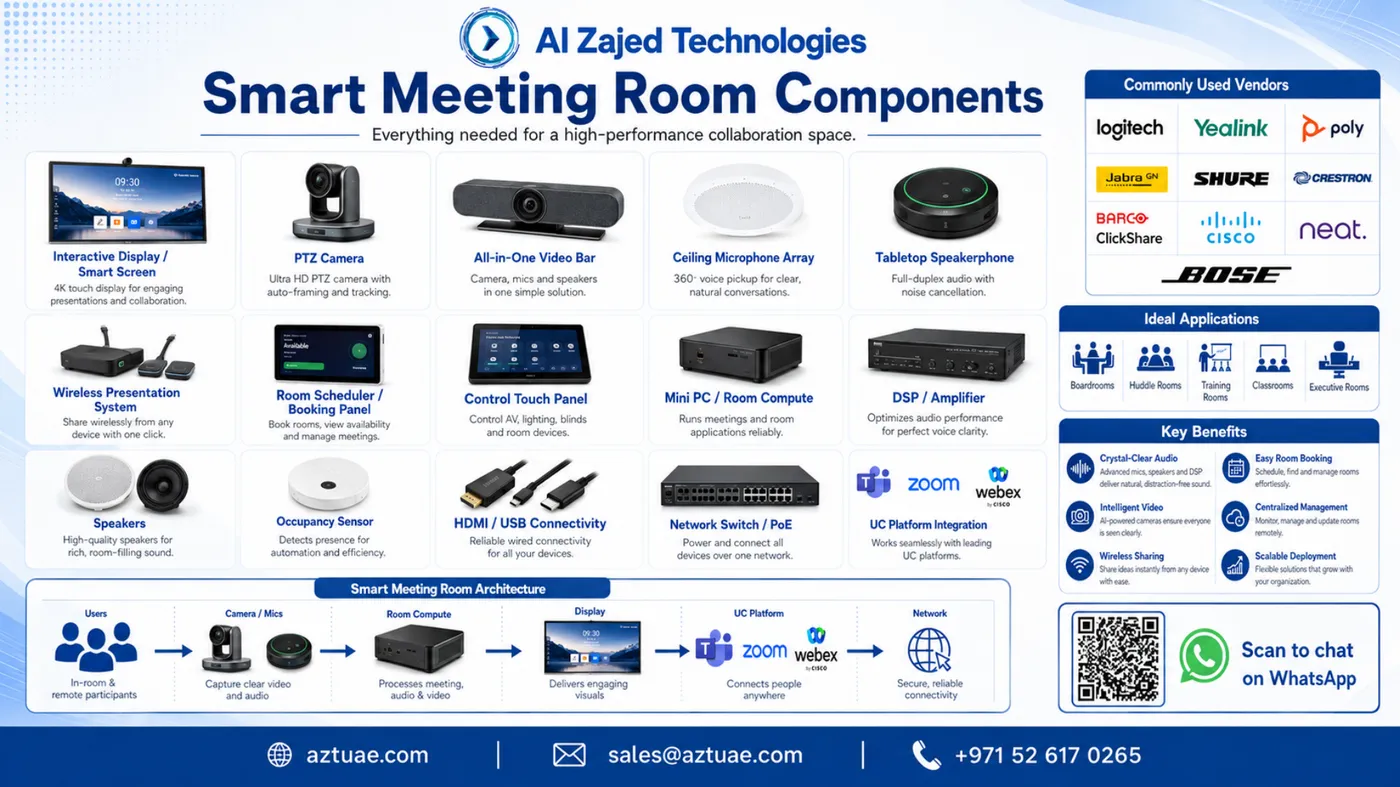 Smart meeting room architecture: PTZ camera, ceiling microphone array, speakers, room scheduling panel, wireless presentation, mini PC and UC platform integration