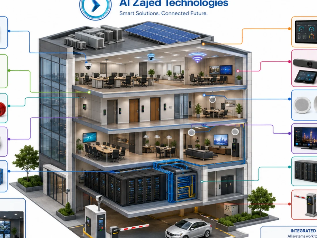 3D cutaway of a UAE smart building showing CCTV, access control, Wi-Fi, structured cabling and automation by Al Zajed Technologies