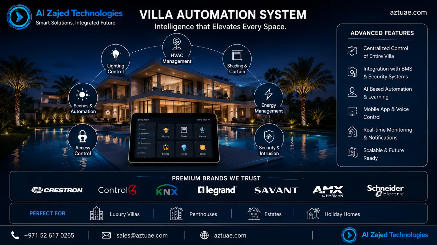 Luxury UAE villa at night with automation, CCTV and smart lighting